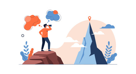 Man standing on a cliff looking through binoculars towards a distant mountain peak with a goal marker a symbol of ambition