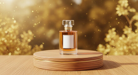  Wooden product bottle parfume display podium with blurred gold nature  background. 3D rendering