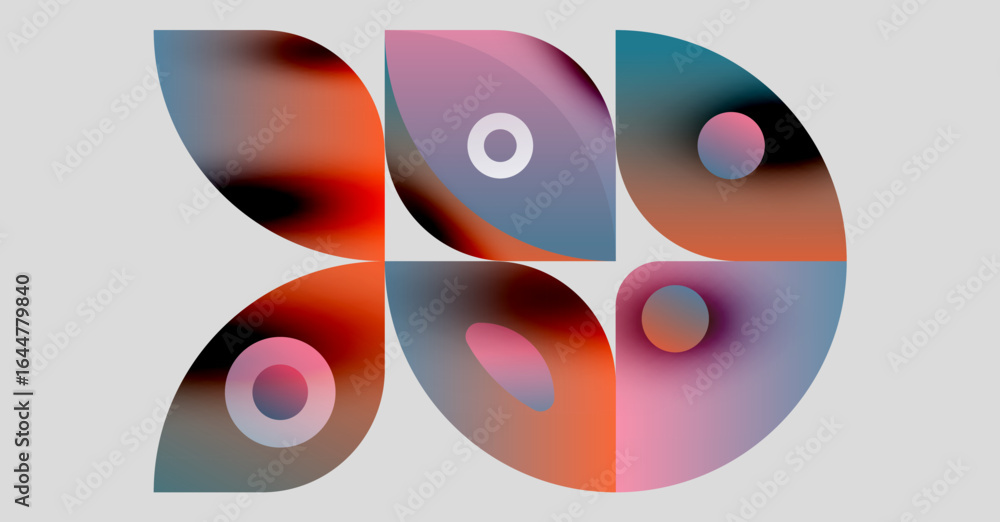 Poster abstract shapes overlap, creating vibrant color gradients. design features soft curves, circles, mod