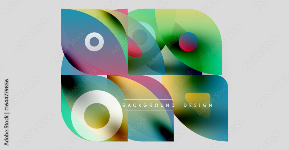 Poster abstract geometric shapes overlap, creating vibrant color gradients. modern design elements suggest 