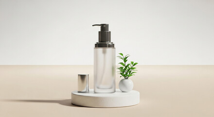 Minimal background for branding and product presentation. Cosmetic bottle on podium with green plant on beige background. 3d rendering illustration