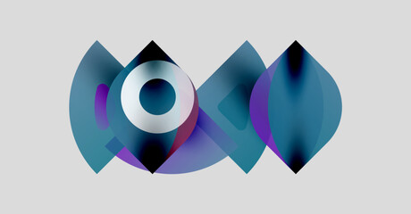 Abstract shapes overlap, creating dynamic visual effect. Colors blendblues, purples, whiteson light gray background. Modern design.