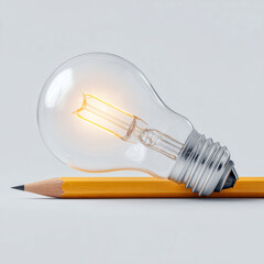A burning light bulb and a yellow pencil as a concept for creativity, ideas, insights and innovation