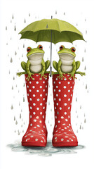 Red rain boots with white polka dots, two green frogs sitting on the top and hiding under a green umbrella from rain drops 