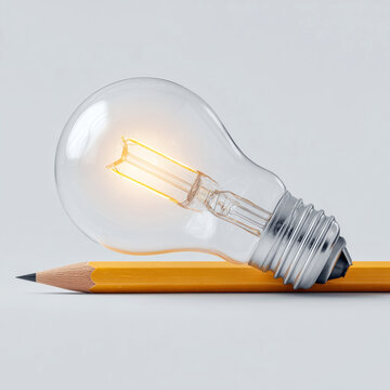 A burning light bulb and a yellow pencil as a concept for creativity, ideas, insights and innovation