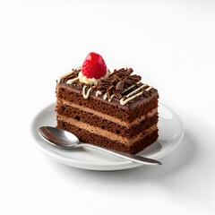 Elegant slice of layered chocolate sponge cake filled with creamy chocolate mousse, topped with fresh raspberry, white chocolate drizzle, and chocolate shavings, plated beautifully on a white ceramic.