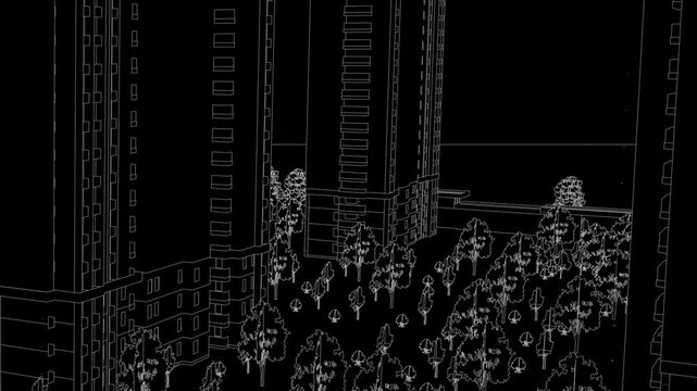 Animation of a Generic Apartment Building Complex, seamless looped animation, linework, 3d animation