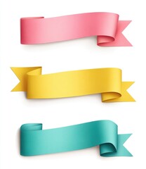 Obraz premium Three colorful ribbons, in pink, yellow, and teal, on a white background. Each ribbon is curved and has decorative ends. Realistic 3D effect