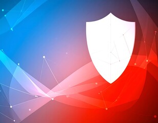 Abstract shield graphic on a vibrant red and blue background with interconnected lines