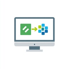 Flat illustration of a computer screen displaying data transfer.  A green box with double lines moves data to a blue/teal grid