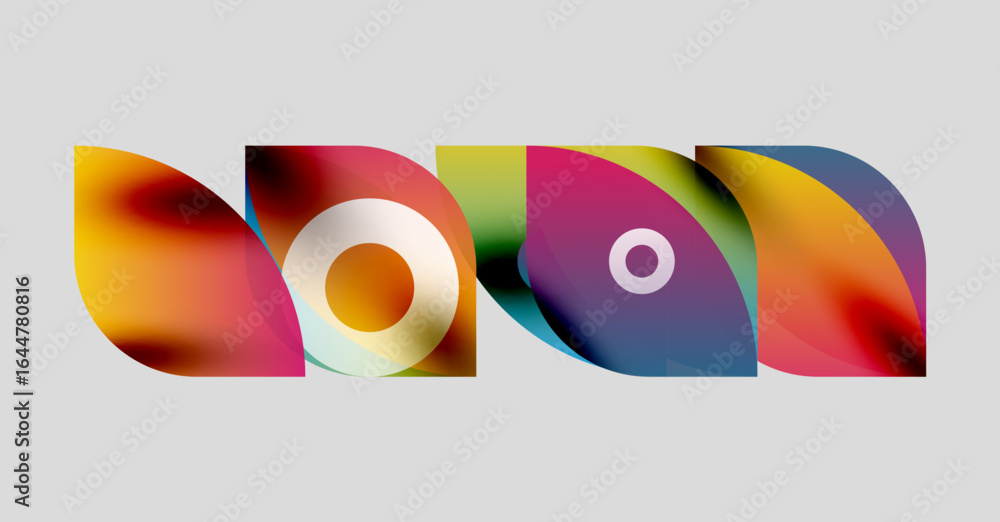 Poster abstract colorful shapes overlap, creating dynamic visual composition. bright hues blend, forming fl