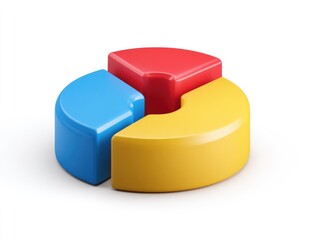 3D pie chart, colorful slices.  Bright red, vibrant blue, and sunny yellow segments form a circular graphic.  Rounded edges and a slight 3D effect add dimension.  Isolated on a plain white background
