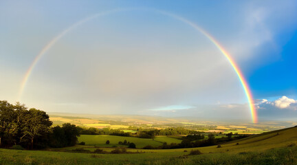 Naklejka premium Double Rainbow Over Green Rolling Hills and Fields on a Sunny Day
