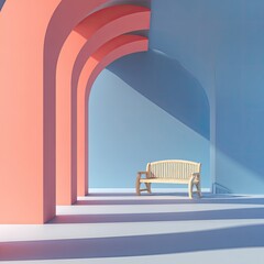 Pastel archway with bench. Soft light,  minimal