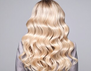 Fototapeta premium Long, wavy blonde hair cascading down a woman's back against a neutral backdrop