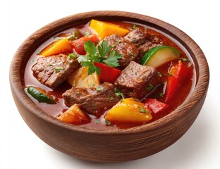 Hearty beef stew in a wooden bowl, featuring chunks of beef, colorful bell peppers, and zucchini.  Rich, reddish-brown broth