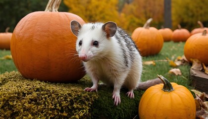 an opossum with pumpkins during the autumn