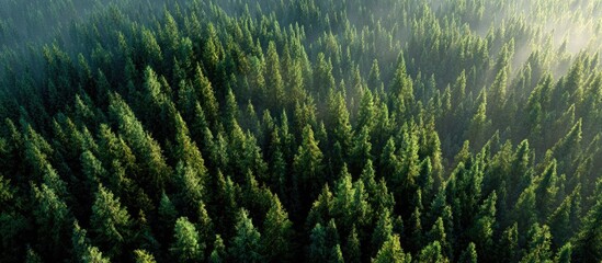 Obraz premium Aerial view of a dense evergreen forest, sunlight filtering through morning mist, creating a lush, textured canopy of deep green conifers