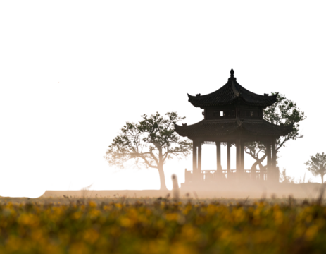 Sunrise illuminating old pavilion in field with mountain fog background Thailand isolated on transparent background PNG