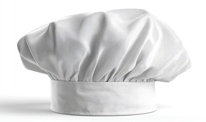A pristine white chef's hat, smooth and full, sits centered on a white background.  The fabric is subtly textured and drapes in soft folds