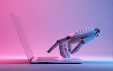 Robotic hand hovering over a laptop, bathed in vibrant pink and blue neon light.  A futuristic scene of AI and technology