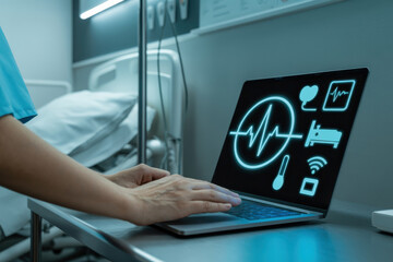 Doctor using laptop with medical data and icons in hospital room for patient care