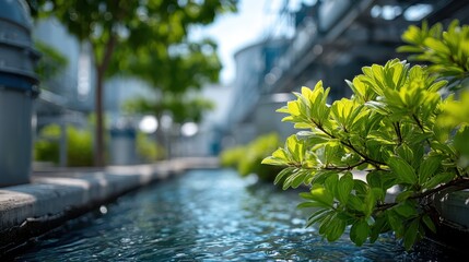 A serene scene featuring clear water flowing alongside vibrant green foliage, creating a peaceful atmosphere in an urban setting.