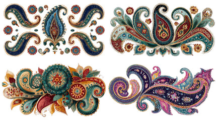 Colorful paisley patterns with intricate details and floral elements, perfect for bohemian fashion, textiles, and decorative design projects.
