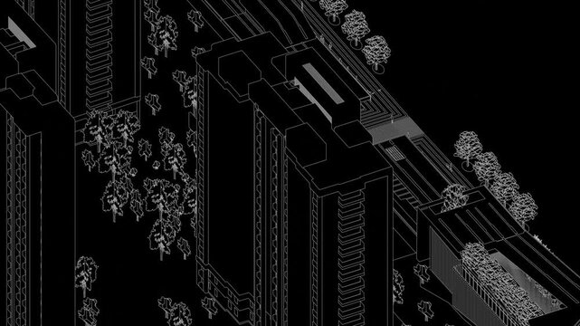 Animation of a Generic Apartment Building Complex, seamless looped animation, linework, 3d animation