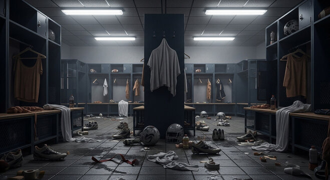 A single jersey hangs in a dark and messy football locker room, with discarded equipment scattered across the floor.