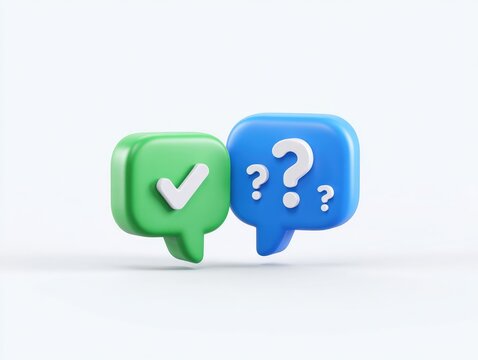 Two 3D speech bubbles, one green with a white checkmark, the other blue with multiple white question marks, set against a plain white background