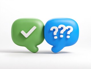 Two 3D speech bubbles, one green with a white checkmark, the other blue with multiple white question marks, on a white background