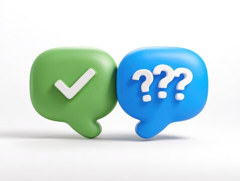 Two 3D speech bubbles, one green with a white checkmark, the other blue with multiple white question marks,  on a white background