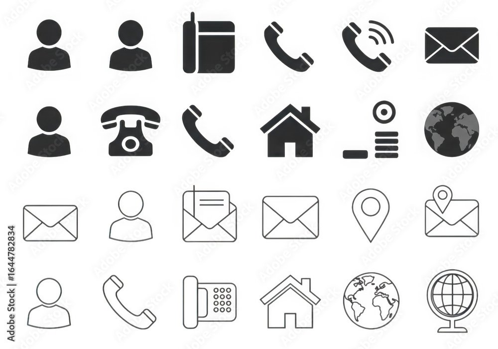 Poster collection of communication and contact icons isolated on transparent background