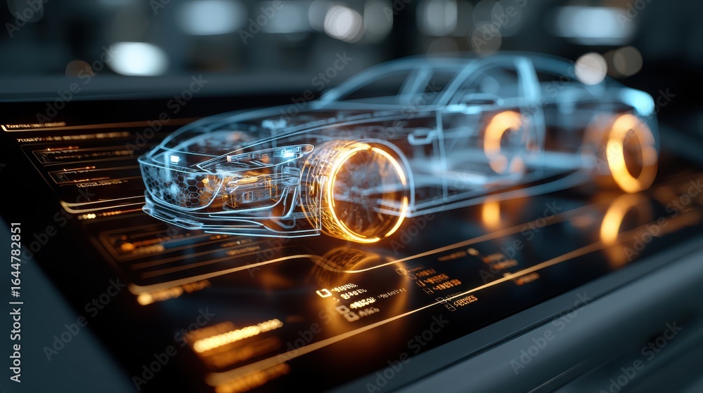Poster a sleek, futuristic car design is displayed in a digital format, featuring glowing elements and tech