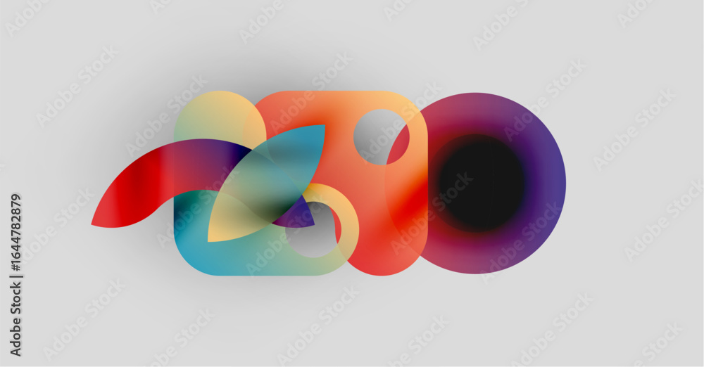 Poster abstract colorful shapes overlap, creating dynamic composition. gradient hues blend, forming fluid v