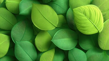 Lush green leaves forming a textured background, varying shades of green, digitally rendered, overlapping, smooth surface