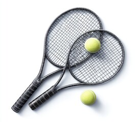 Two black tennis rackets and a tennis ball