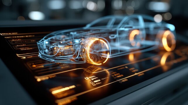 A sleek, futuristic car design is displayed in a digital format, featuring glowing elements and technical information on a high-tech interface.