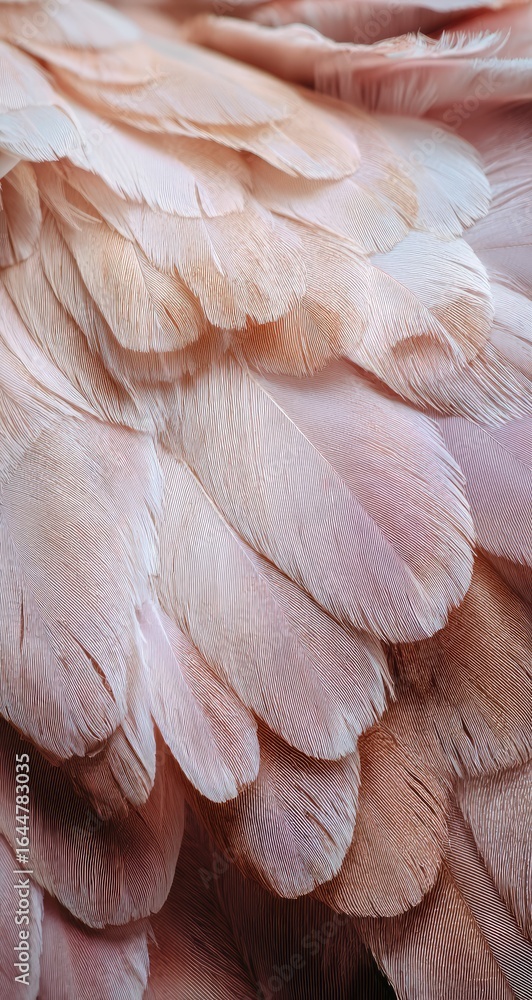 Poster close-up of soft, pale pink and peach bird feathers overlapping in a layered, textured pattern