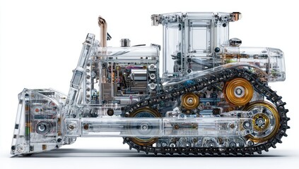 Transparent bulldozer, showcasing internal mechanics