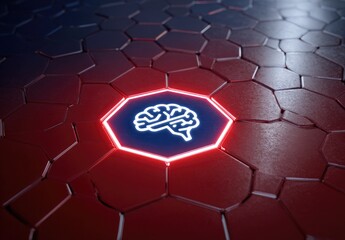 A glowing brain icon set within a hexagonal frame, situated on a textured surface of interlocking hexagons