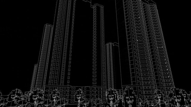 Animation of a Generic Apartment Building Complex, seamless looped animation, linework, 3d animation