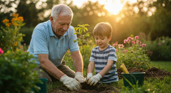 Grandfather and grandson planting a tree together in the garden at sunset