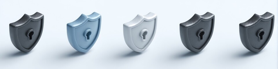 Three-dimensional, isometric security shield icons in various shades of gray and blue