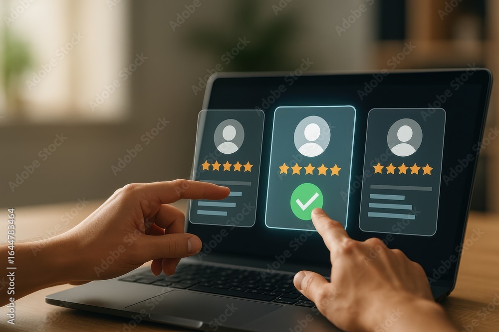 Poster user profile selection with five-star rating and green check mark on laptop interface