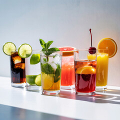 Assortment of refreshing cocktails and drinks with garnishes