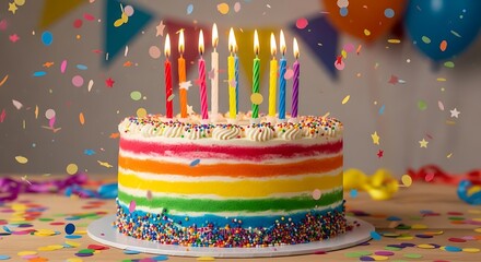 Celebratory rainbow cake adorned with candles and confetti, perfect for birthdays and joyous moments