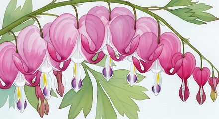 Delicate watercolor rendition captures the whimsical beauty of bleeding heart flowers in bloom