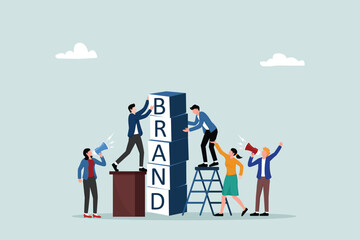 Building branding or brand awareness, marketing or advertising for company reputation, strategies to promote products or sales strategy concepts, business people help build blocks with the word BRAND.